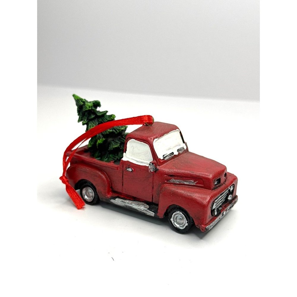Red Truck with Green Christmas Tree in bed Resin Christmas Ornament